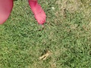 Walking around barefoot wearing red nylon stockings 12/16