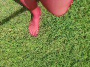 Walking around barefoot wearing red nylon stockings 13/16
