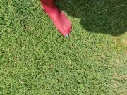 Walking around barefoot wearing red nylon stockings 16/16