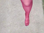 Walking around barefoot wearing red nylon stockings 3/16