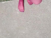 Walking around barefoot wearing red nylon stockings 4/16