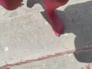 Walking around barefoot wearing red nylon stockings 5/16