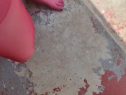 Walking around barefoot wearing red nylon stockings 6/16