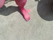 Walking around barefoot wearing red nylon stockings 7/16