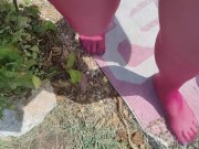 Walking around barefoot wearing red nylon stockings 8/16