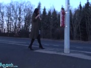 PublicAgent sneaky wank in public over tall big tits British brunette babe leads to creampie sex 1/16