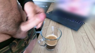 Cum in coffee - Morning jerk off with lots of cum