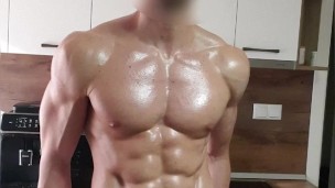 Tall muscular alpha stud flexing oiled body and stroking BWC