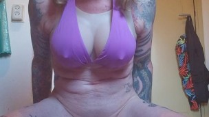 Sissy in bikini rides dildo