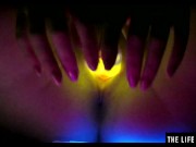 Watch this hot blonde plunge glowsticks in her pussy and ass 15/16