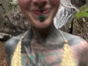 Tattooed and Pierced Woman gets Facefuck and gives Hardcore Blowjob at Outdoor Waterfall 16/16