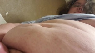 Cute Chubby enby brunette with glasses strokes out a thick nut in public restroom