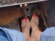 Pedal pumping a bobcat tractor with shoes then socks then barefooted 14/16