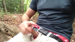 Public sagging low in my boxers and jerking off in the woods. Cumming in public.
