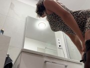 Horny petite brunette wife in the bath preparing and doing make up for the club night shows ass with pussy lips under dress 13/16