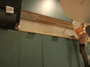 Sexy and Tight Pussy Hot Brunette Girl in Black Stockings has Piercing in her Pussy and wants to Panties take off to flash 9/16