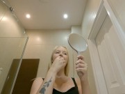 Hot Cute Super Sexy Blonde Slut does make up and striptease takes off panties under short shorts to flash her nice round ass 5/16