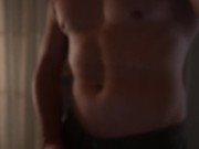 Strong guy posing at camera and cums on his belly 4/16