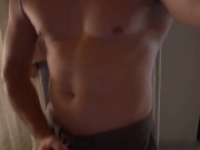 Strong guy posing at camera and cums on his belly 8/16