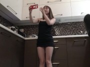 Sexy and Horny Braless Brunette Petite Girlfriend in the Kitchen in a Very Tight Dress to flash pussy and ass 16/16