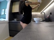 Hot Sexy Brunette MILF Housewife at home no panties in a Cut Miniskirt to flash meaty juicy pussy 10/16