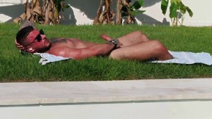 Muscle Jock Almost Gets Caught Stroking His Big Cock By the Pool Outside Naked