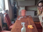 hot girl cleans the neighbor's table and goes without panties 4/16