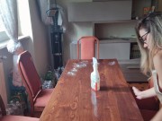 hot girl cleans the neighbor's table and goes without panties 5/16