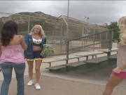 Two girls share one double headed dildo, while the third girl holds the sex toy!- PervMilfsnTeens 12/16