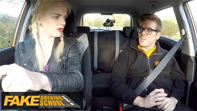 Fake Driving School - Instructor is caught masturbating by a SEXY BLONDE with fantastic tits