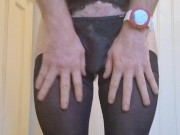 Xdress piss through a chastity cage in stockings tights suspender belt lace bra and thong 1/16