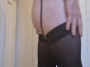 Xdress piss through a chastity cage in stockings tights suspender belt lace bra and thong 2/16