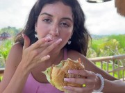Cute Girl Eating Burger with Cum on Her Face in Public Cafe 12/16