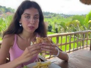 Cute Girl Eating Burger with Cum on Her Face in Public Cafe 13/16