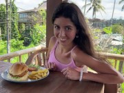 Cute Girl Eating Burger with Cum on Her Face in Public Cafe 4/16