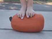 Stomping out and smashing a whole pumpkin with my barefeet