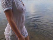 Tender girl. Nymph walks in a wet transparent shirt 13/16