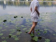 Tender girl. Nymph walks in a wet transparent shirt 2/16