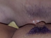 Goth girl with purple dyed bush gets multiple cumshots on pussy 10/16