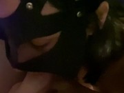 I get horny watching my boyfriend play porn game and suck his dick until he cums in my little throat