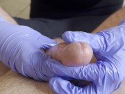 Hot Nurse rubs his cock until he cums on her gloved hands 10/16