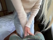 Stepsister helps stepbrother cum quickly in her panties while parents wait outside 2/16