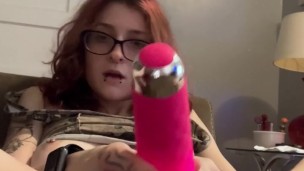 Pink haired chick tried out new toy