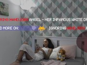 Hot Petite Tight Pussy Brunette College Girl in an Elegant Nice White Dress without Underwear plays with a Cock 2/16