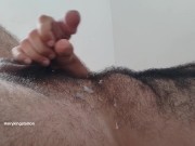 Hairy man with big balls jerking off with hot moanings untill he came on hairy chest. 16/16