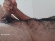 Hairy man with big balls jerking off with hot moanings untill he came on hairy chest. 9/16