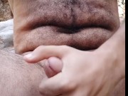 Hairy wild man jerking off outdoors with hit moanings and cum. 5/16