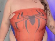 BBW DRESS AS SPIDERWOMAN LETS HER BELLY HANG 10/16