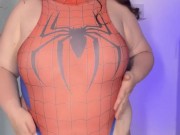 BBW DRESS AS SPIDERWOMAN LETS HER BELLY HANG