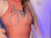BBW DRESS AS SPIDERWOMAN LETS HER BELLY HANG 8/16